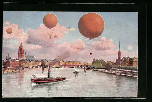Künstler-AK Frankfurt a. M., Ballons über und Dampfer auf dem Main
