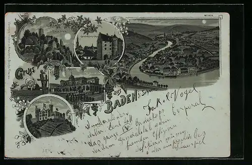 Mondschein-Lithographie Baden, Kasino, Schloss Stein, Schartenfels