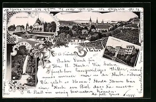 Lithographie Biel, Schloss Nidau, Taubenloch, Magglingen