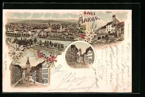 Lithographie Aarau, Blick aus dem Stadthöfli, Haldentor, Obere Vorstadt