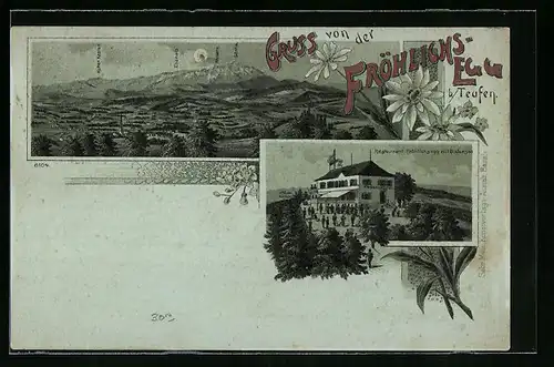 Mondschein-Lithographie Teufen, Restaurant Fröhlichsegg mit Bodensee, Panorama mit Ebenalp und Säntis