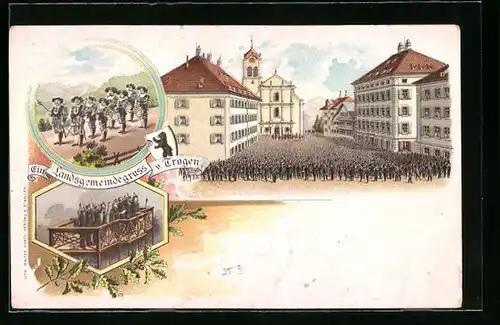 Lithographie Trogen, Menschenmenge bei einer Ansprache vor der Kirche, Wächter mit Trommeln