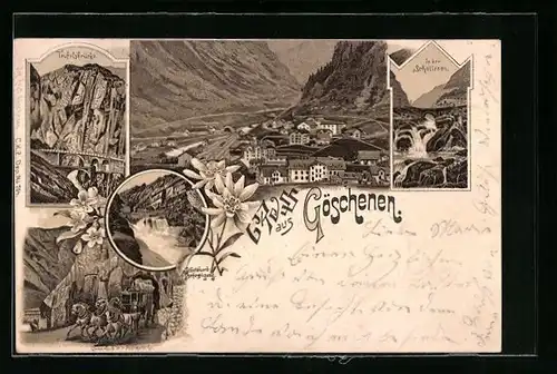 Lithographie Göschenen, In der Schöllenen, Urnerjoch mit Postkutsche, Teufelsbrücke