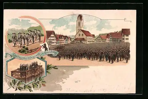 Lithographie Hundwil, Menschenmenge bei einer Ansprache vor der Kirche, Wächter mit Trommeln