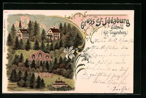 Lithographie Gähwil /Alt-Toggenburg, St. Iddaburg, Ortspartie mit Kirche