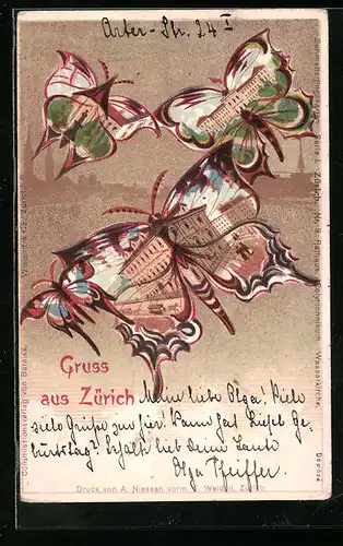 Lithographie Zürich, Schloss und Strassenpartie mit Gebäudeansicht und Pferdebahn in Schmetterlingen