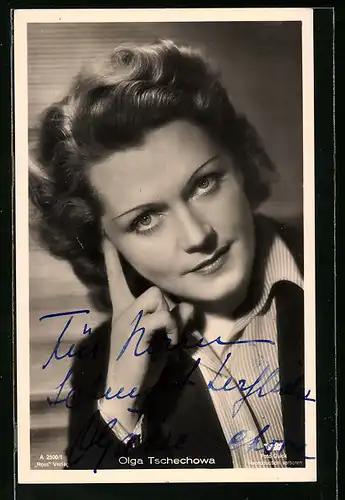 AK Schauspielerin Olga Tschechowa in nachdenklicher Pose, Autograph