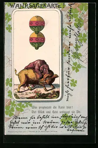Lithographie Eber und Hund, Kartenspiel, Wahrsagekarte, Schellen