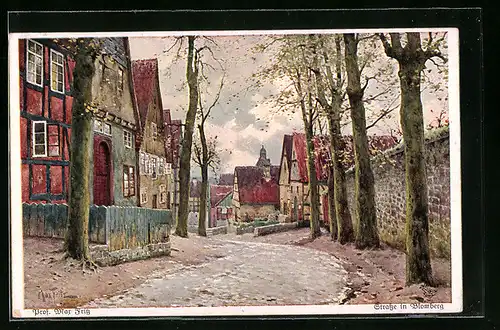 Künstler-AK Blomberg, Ortspartie mit alten Häusern und Mauer