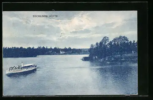 AK Zechliner Hütte, Ortsansicht mit Dampfer auf dem See