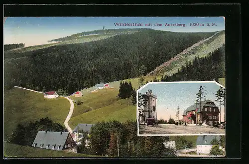 AK Wildenthal, Gesamtansicht mit Auersberg, Gasthaus und Aussichtsturm