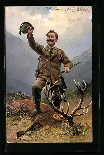 AK Jäger mit erlegtem Hirsch