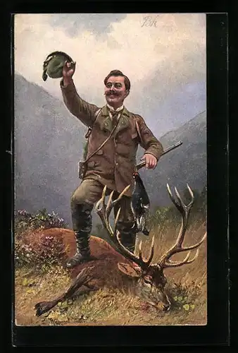 AK Jäger mit erlegtem Hirsch