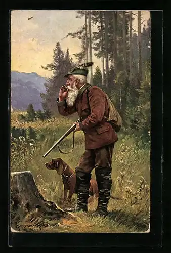 AK Jäger mit Pfeife und Hund am Waldrand