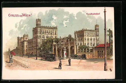 Lithographie Wien, Nordbahnhof mit Kutschen
