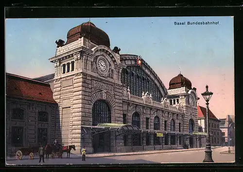 AK Basel, Bundesbahnhof mit Kutsche im Vordergrund