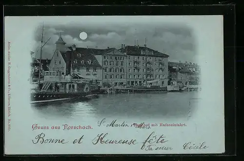 Mondschein-AK Rorschach, Bahnhof mit Hafeneinfahrt