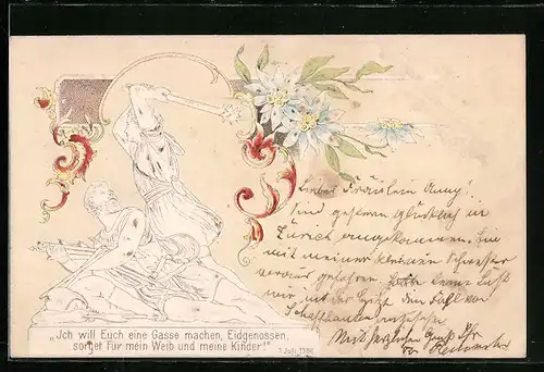 Präge-Lithographie Schweiz, Ich will Euch eine Gasse machen, Eidgenossen, sorget für mein Weib und meine Kinder