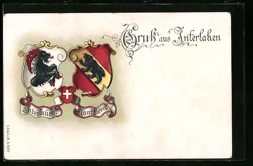 Lithographie Schweiz, Wappen Interlaken und Kanton Bern