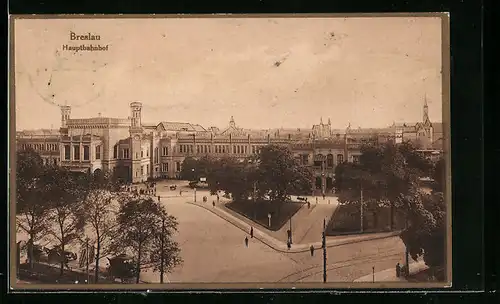 AK Breslau, Hauptbahnhof mit Vorplatz