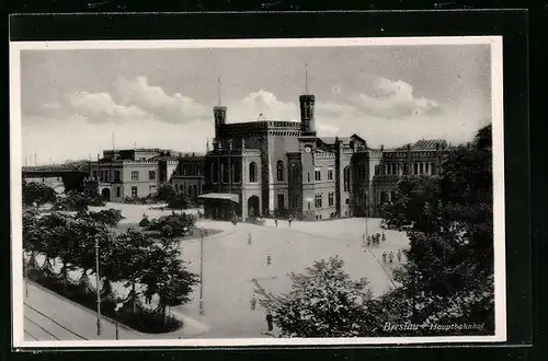 AK Breslau, Der Hauptbahnhof mit Vorplatz