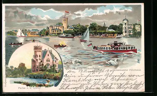 Lithographie Hamburg, Blick von der Aussenalster auf das Uhlenhorster Fährhaus