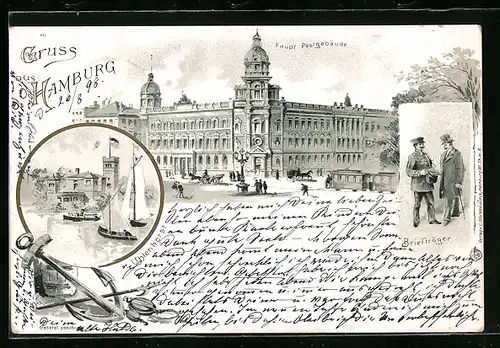 Lithographie Hamburg, Haupt-Postgebäude, Uhlenhorster Fährhaus