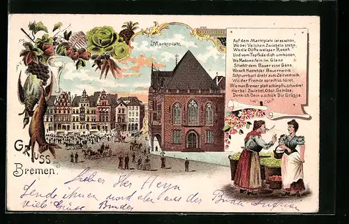 Lithographie Bremen, Marktplatz mit Passanten und Strassenbahn