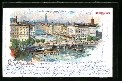 Lithographie Hamburg, Reesendammsbrücke aus der Vogelschau