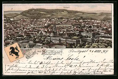 Lithographie Stuttgart, Totalansicht aus der Vogelschau, Wappen