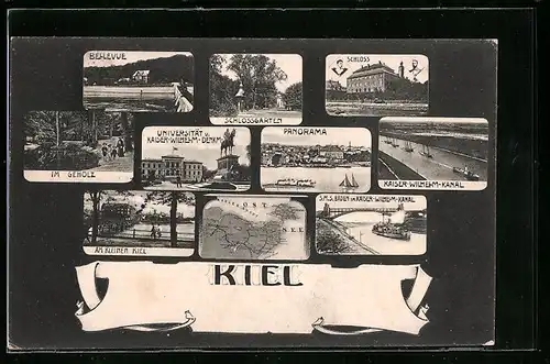 AK Kiel, Bellevue, Schlossgarten, Kaiser-Wilhelm-Kanal, Universität und Kaiser-Wilhelm-Denkmal