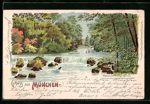 Lithographie München-Schwabing, Wasserfall im englischen Garten