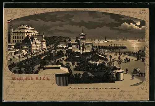 Mondschein-Lithographie Kiel, Königl. Schloss, Seegarten und Kriegshafen