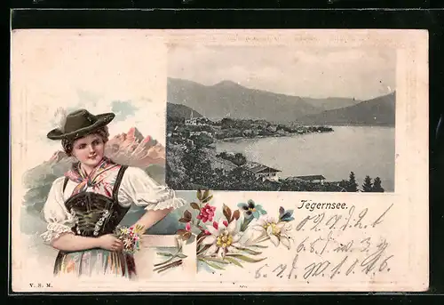 Passepartout-Lithographie Tegernsee, Totalansicht, Maid in Tracht