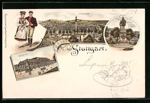 Lithographie Stuttgart, Schlossplatz, Herzog Christoph-Denkmal und Königsbau