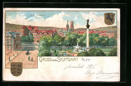 Präge-Lithographie Stuttgart, Altes Schloss, Säule im Park, Wappen