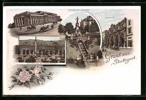 Lithographie Stuttgart, Königsbau, Schlossplatz, Monumental-Brunnen und Bahnhof