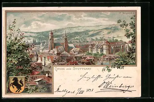 Lithographie Stuttgart, Ortsansicht und Wappen