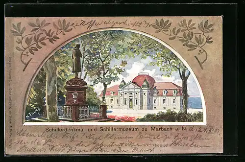 Künstler-AK Marbach a. N., Schillerdenkmal und Schillermuseum