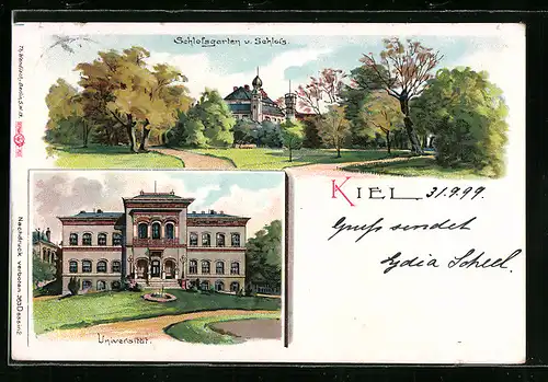 Lithographie Kiel, Universität, Schlossgarten und Schloss