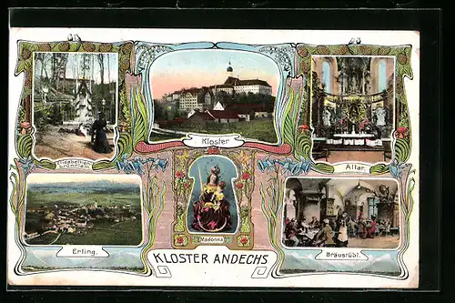 AK Andechs, Madonna, Kloster, Bräustübl
