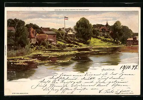 Lithographie Aumühle, Ortspartie am Ufer