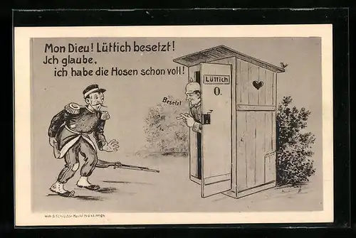 AK Mon Dieu! Lüttich besetzt. Soldat auf Toilette, Gegnerischer Soldat verliert Gewehr, Propaganda 1. Weltkrieg