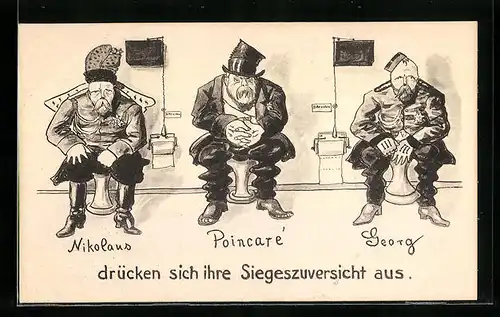 Künstler-AK Nikolaus II. von Russland mit Poincare und Georg auf der Toilette, Propaganda 1. Weltkrieg