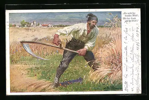 Künstler-AK Der deutsche Michel mäht das Stroh mit der Sense und der Sichel, Propaganda 1. Weltkrieg