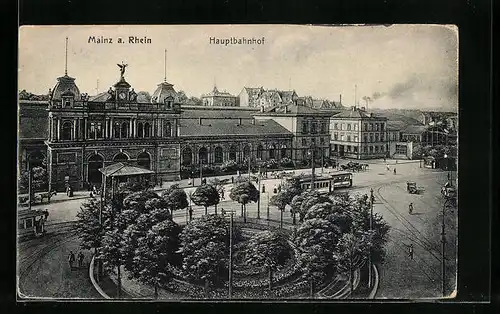 AK Mainz, Hauptbahnhof mit Strassenbahn aus der Vogelschau