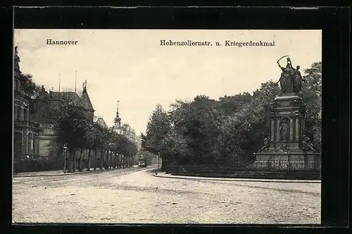 AK Hannover, Hohenzollernstrasse mit Strassenbahn und Kriegerdenkmal