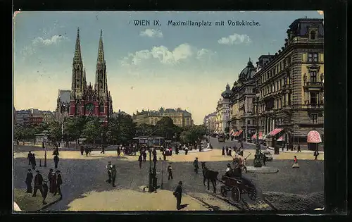 AK Wien, Maximilianplatz mit Votivkirche und Strassenbahn