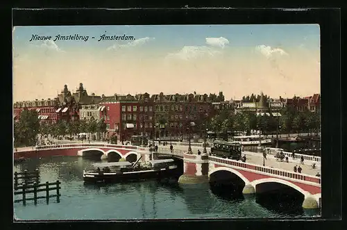 AK Amsterdam, Nieuwe Amstelbrug, Strassenbahn