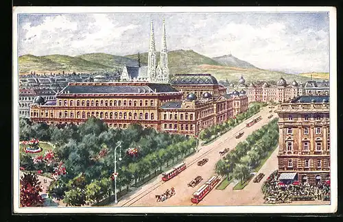 Künstler-AK Wien, Universität, mit Ring des 12. November und Strassenbahn